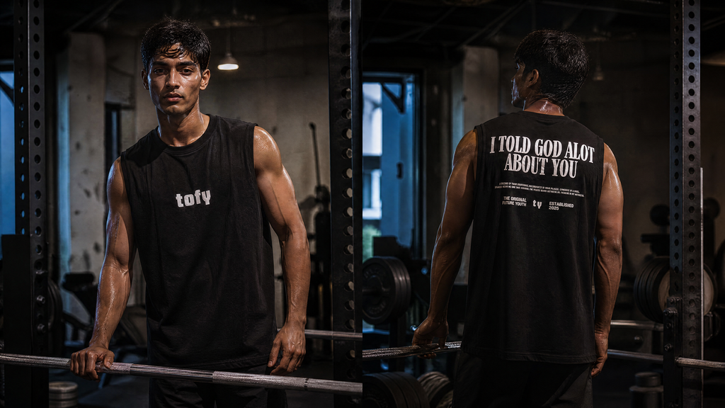 Testament Sleeveless on model - gym editorial front and back