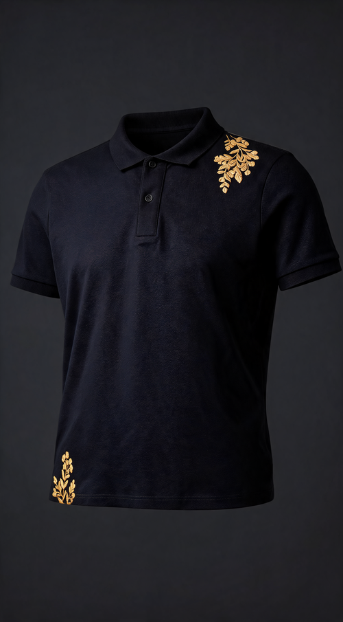 Gilded Bloom Polo - studio ghost shot front with gold embroidery