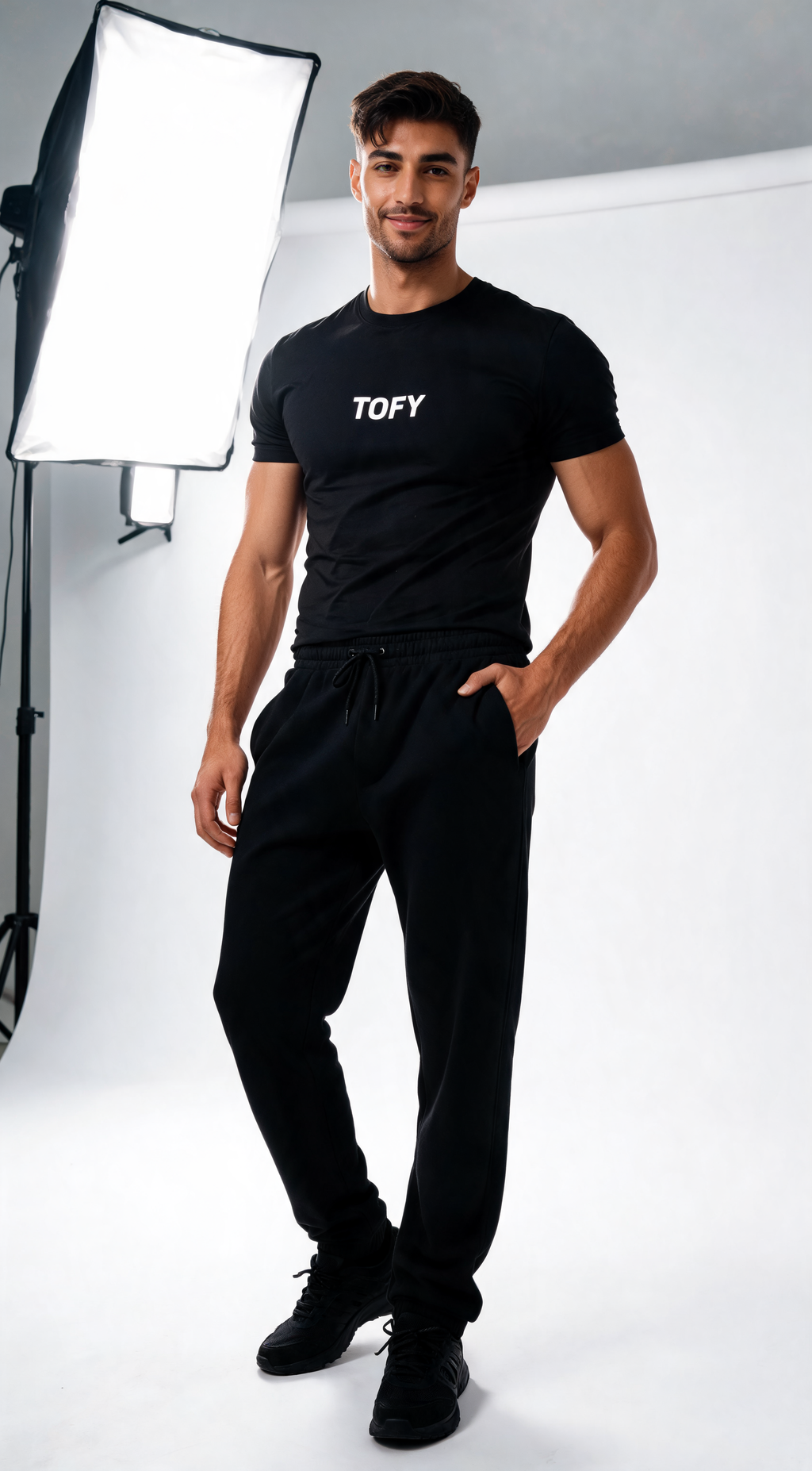 Core Logo Tee on model - white studio softbox editorial